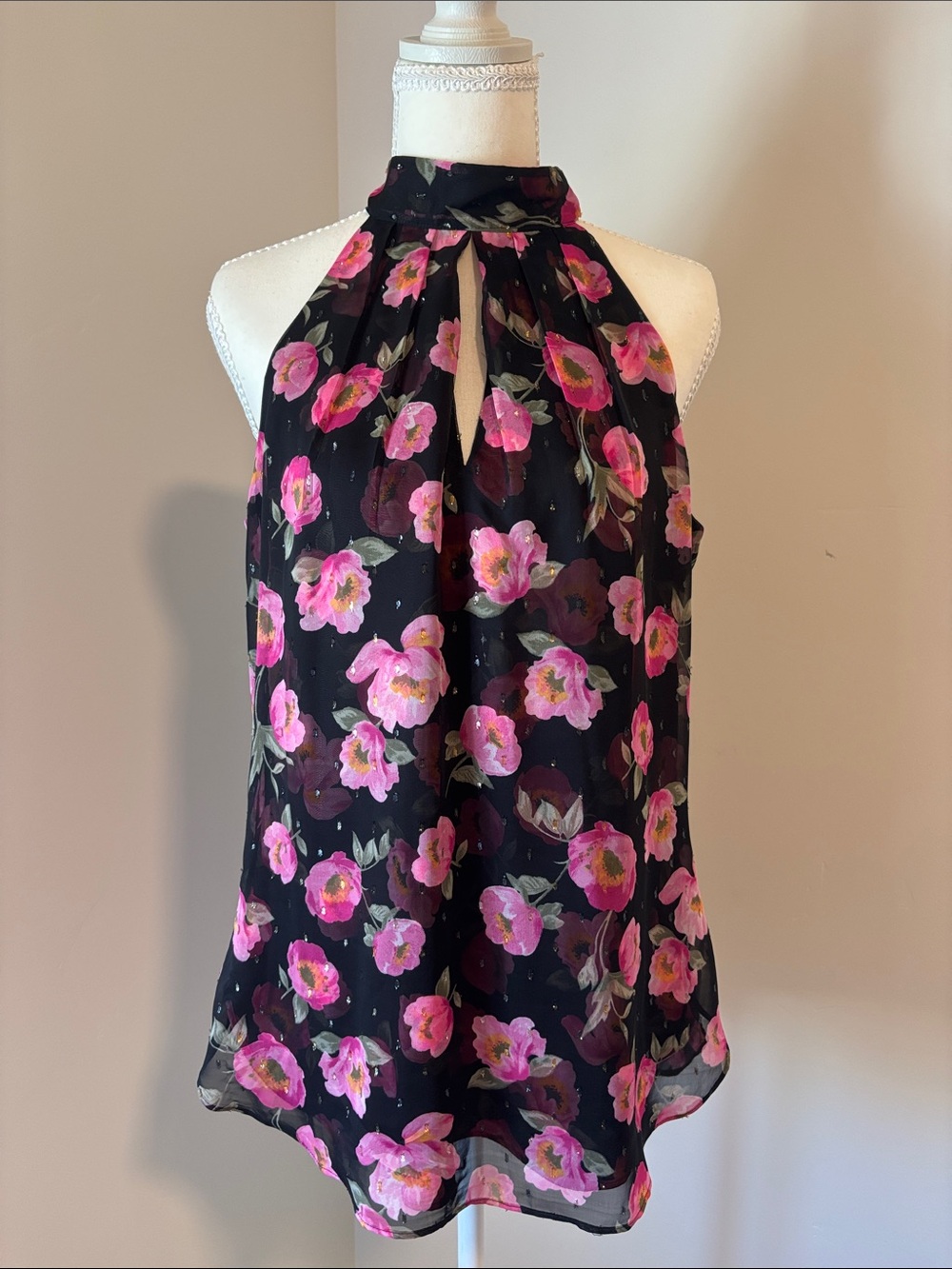 Sleeveless Black Halter Top with Pink Floral Print